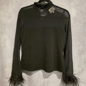 Cinq à Sept Black Mesh Feather Cuff Top